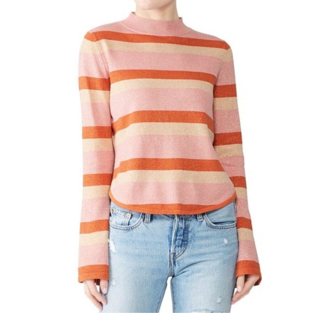 Stylestalker Rachelle Striped Mock Neck Sweater Pink Metallic - Size M